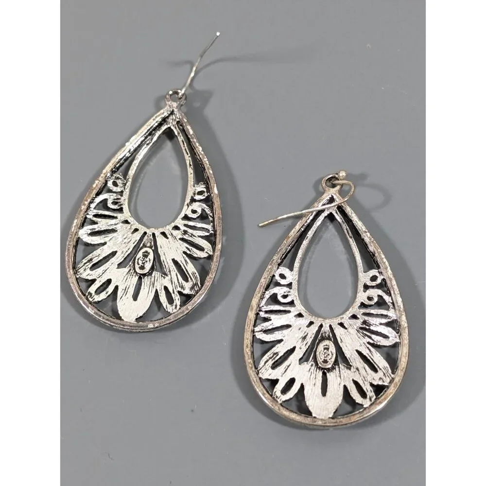 Premier Designs Boho Filigree Teardrop‎ Earrings Silver Tone Etched Cutout Drop